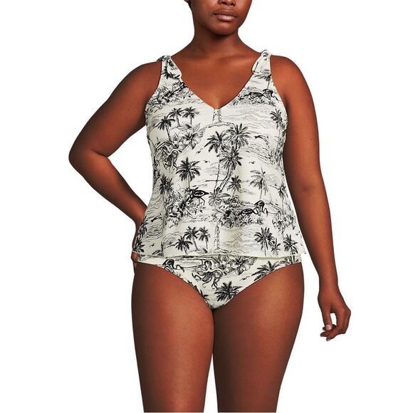 Land's End tie shoulder flutter tankini top olive green pansy floral size 14 D - Picture 3 of 7